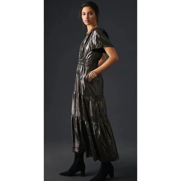 Anthropologie The Somerset Maxi Tiered Dress Metallic Shine Silver Grey Size XS - Picture 2 of 7
